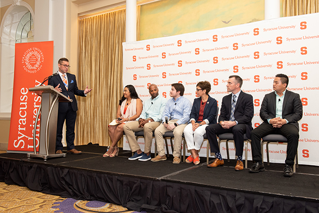(L-R) Chris Velardi '95, Patricia Leon-Guerrero '04, Lavar Lobdell '09, G'14, Taylor Lucero '20, Stephanie Meister '88, Matthew Parker '02, Ingmar Steeman '17